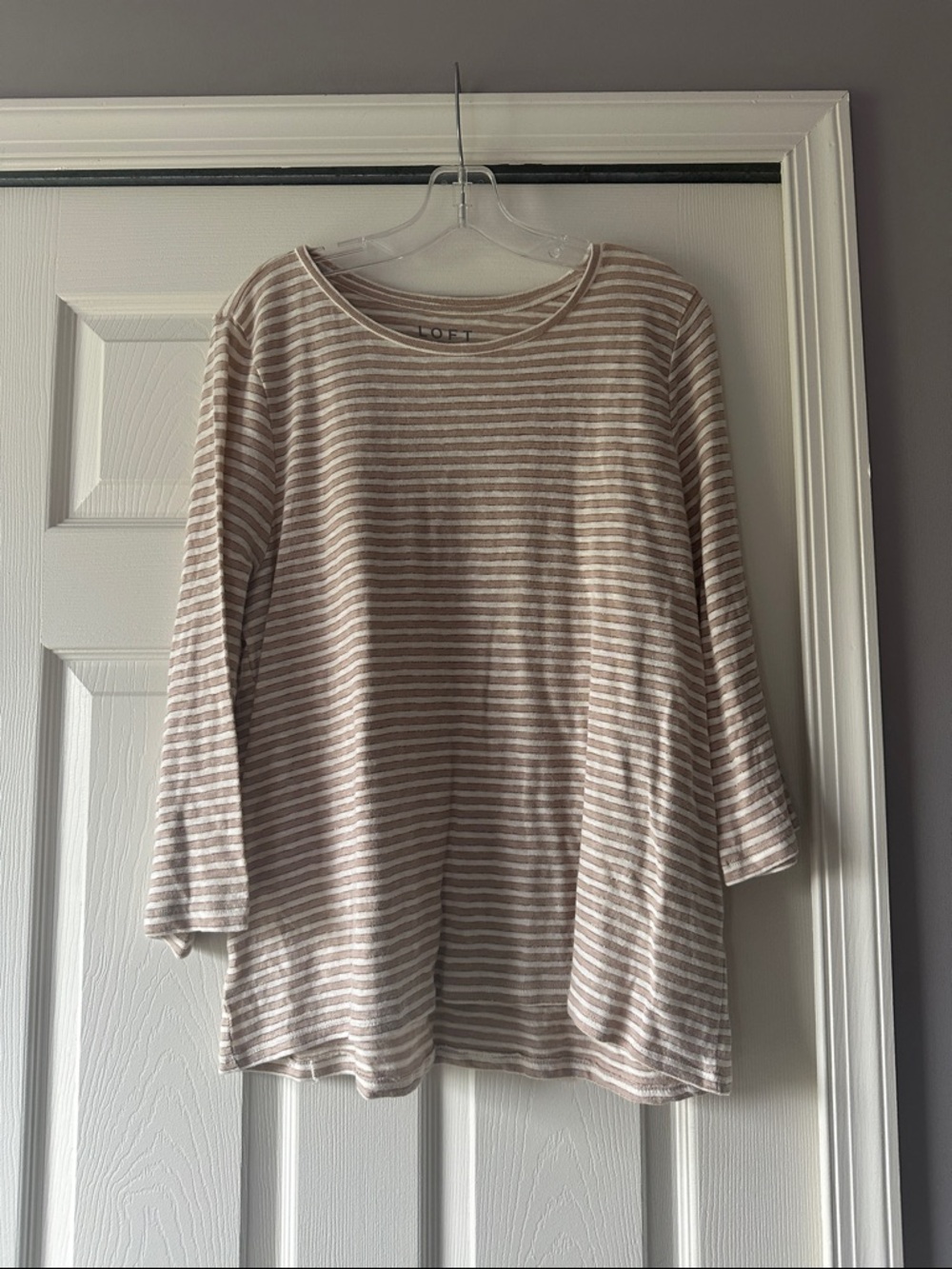 NWT LOFT Beige & White Striped Crewneck Top